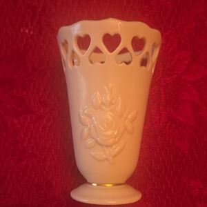 Lenox Cream Vase with Heart Cutouts and Rose Design